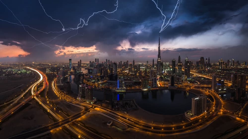 City Lightning Storm Night by Khalid Jamal — canvas wall art