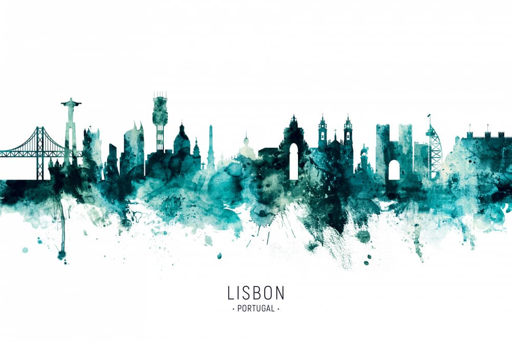Teal Lisbon Skyline by Michael Tompsett — canvas wall art