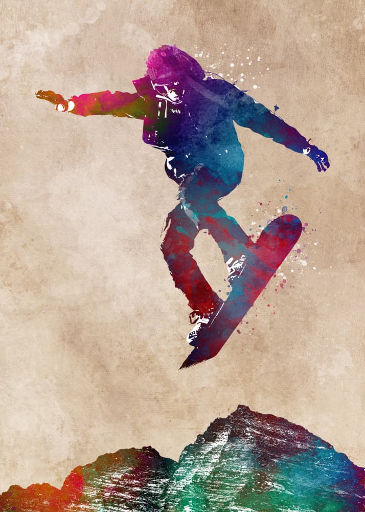 Vibrant Snowboard Jump by Justyna Jaszke — canvas wall art