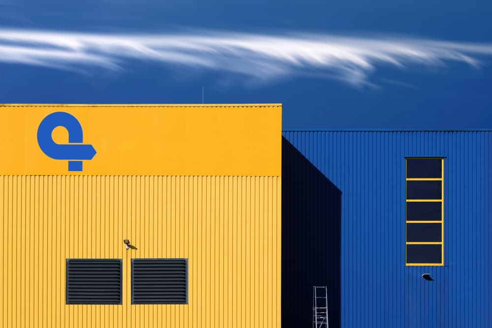 Yellow Blue Architectural Contrast by Hans-Wolfgang Hawerkamp — canvas wall art