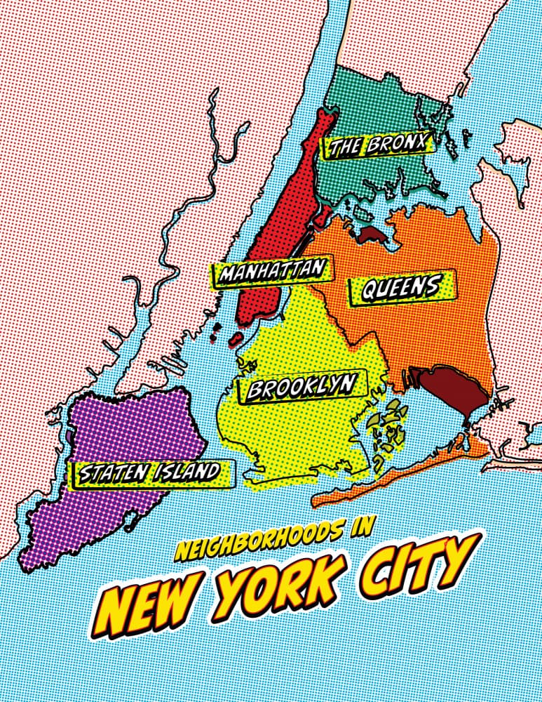 NYC Boroughs Comic Map by Nicholas — canvas wall art