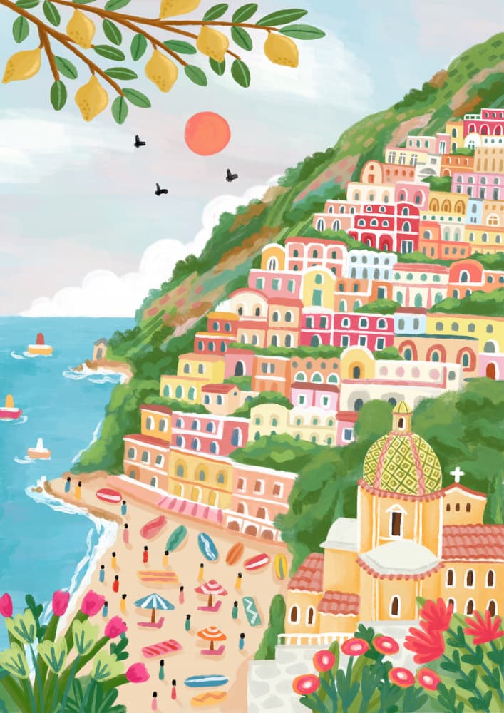 Vibrant Seaside Town by Nidhi Kachhadiya — canvas wall art