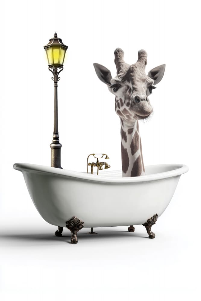 Whimsical Giraffe Bath by Rafal Kulik — canvas wall art