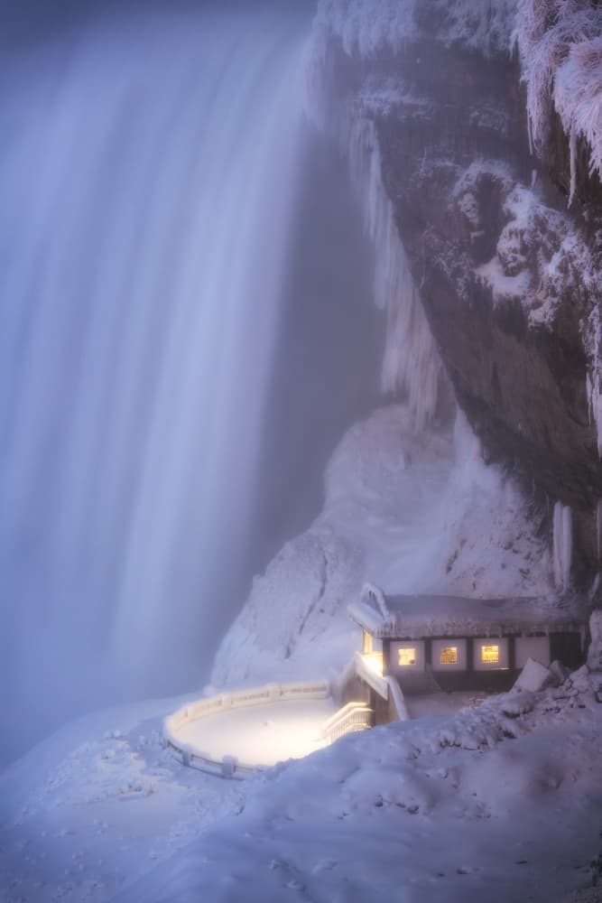 Frozen Waterfall Retreat by Junbo Liang — canvas wall art
