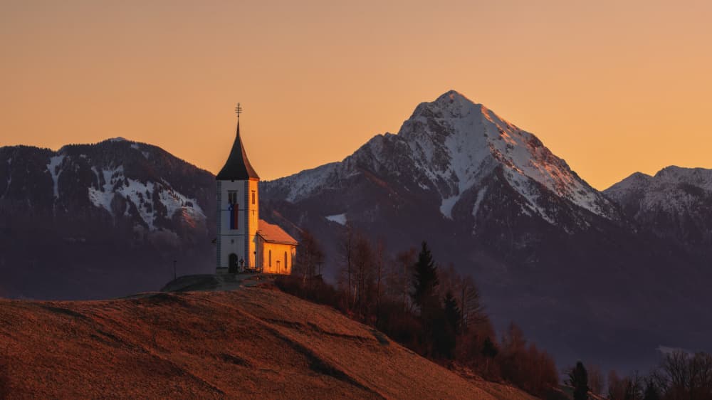 Golden Hour Mountain Church by Bor — canvas wall art