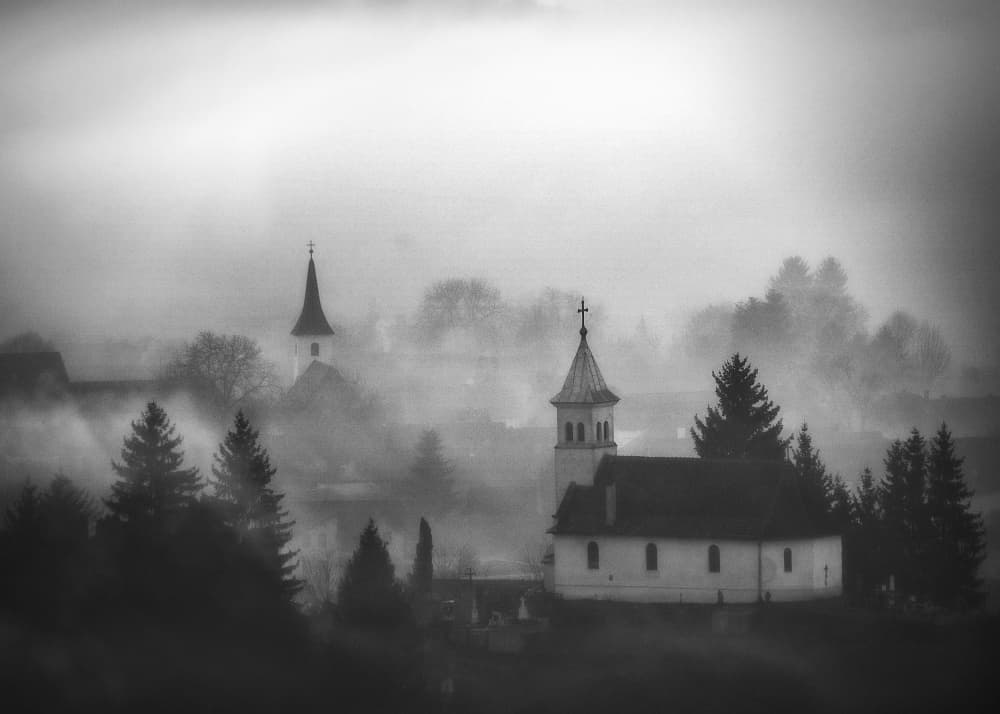 Misty Village Churches by Nicolae  Stefanel Rusu — canvas wall art