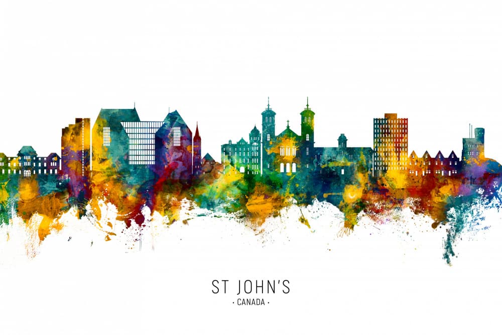 St John's Watercolor Skyline by Michael Tompsett — canvas wall art