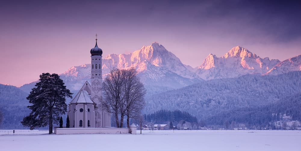 Pink Sky Winter Church by Judith Kuhn — canvas wall art