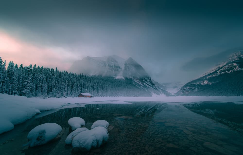 Red Cabin Winter Lake by Bing Li — canvas wall art