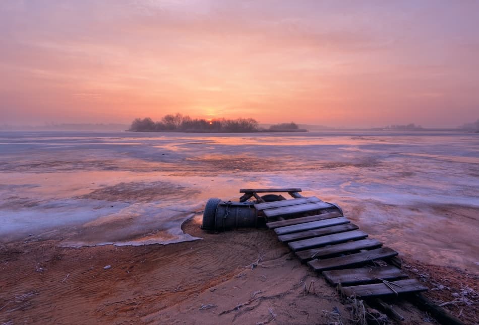 Frozen Lake Sunrise Pier by Przemyslaw Kruk — canvas wall art