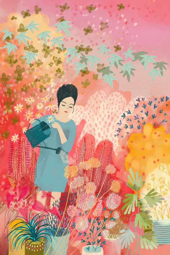 Woman Watering Colorful Garden by uta krogmann — canvas wall art