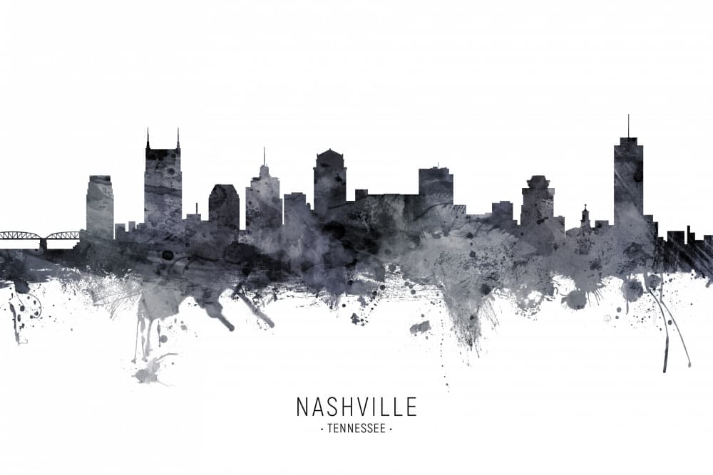 Nashville Skyline Watercolor by Michael Tompsett — canvas wall art
