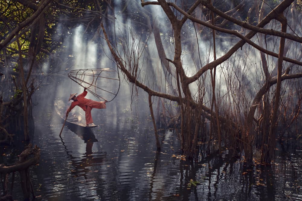 Misty Morning Fisherman by Prasad Ambati — canvas wall art