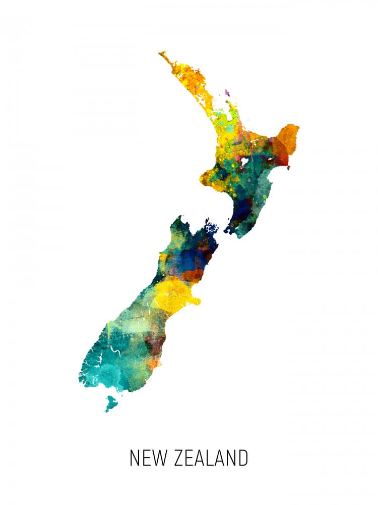 Colorful New Zealand Map by Michael Tompsett — canvas wall art