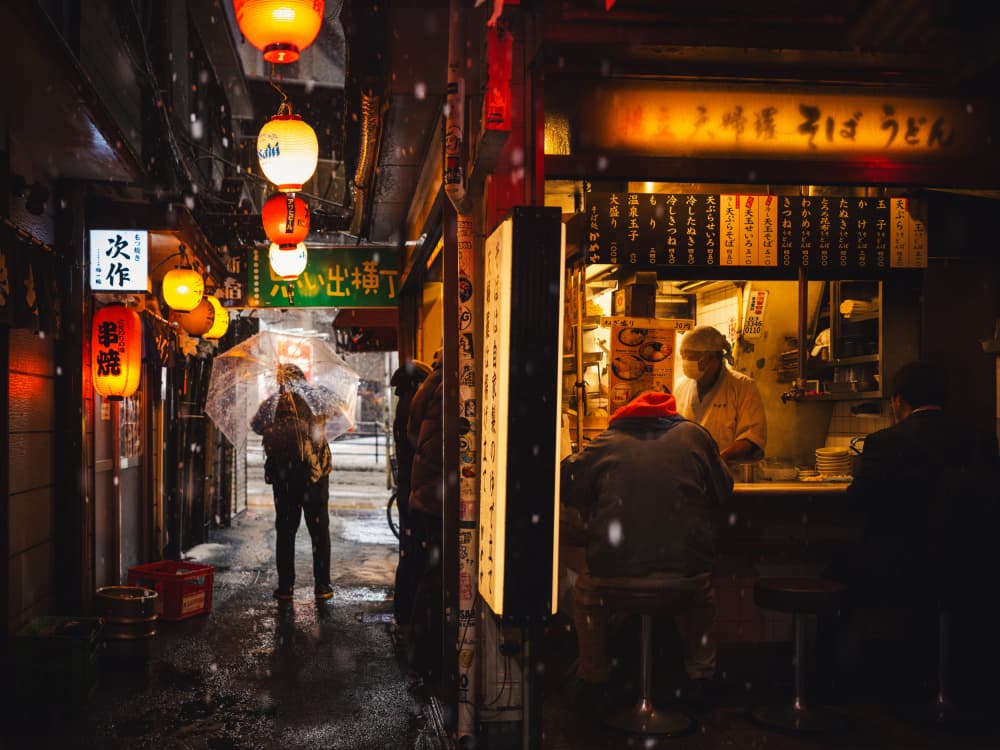 Snowy Japanese Ramen Alley by LIANG CHEN — canvas wall art