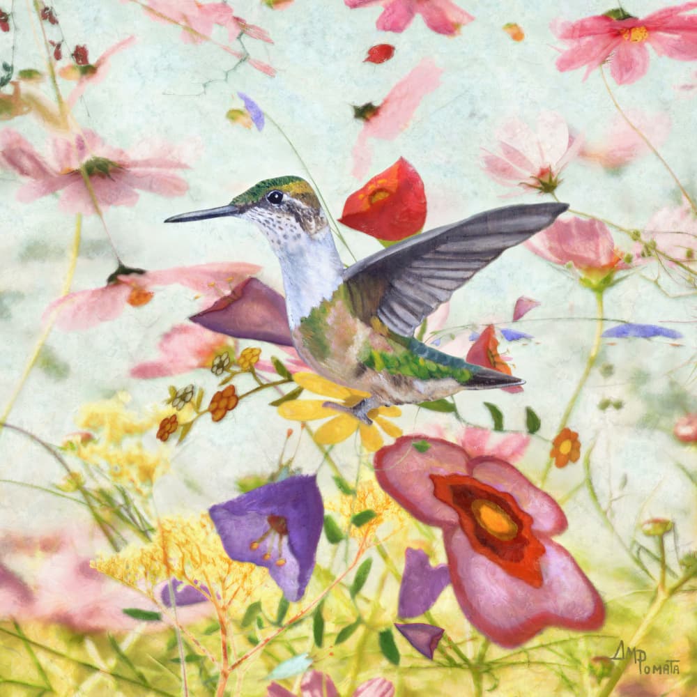 Hummingbird Among Flowers by Angeles M. Pomata — canvas wall art