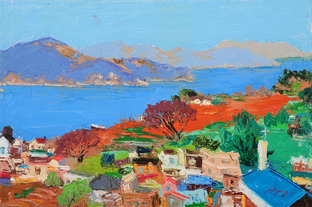 Vibrant Coastal Village by Jukyong Park — canvas wall art