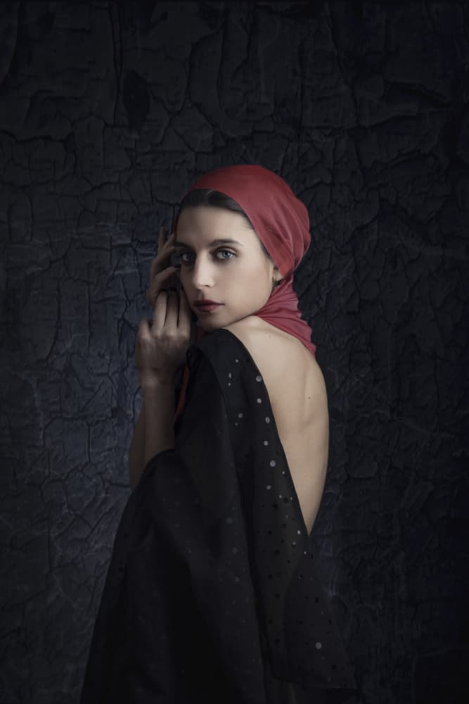 Elegant Red Scarf Portrait by Eddie Kavanagh — canvas wall art