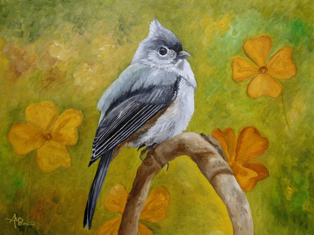 Tufted Titmouse And Flowers by Angeles M. Pomata — canvas wall art