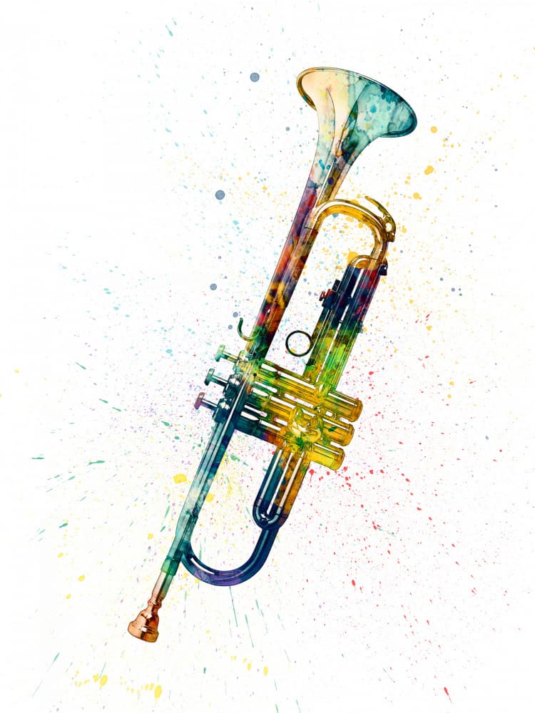 Vibrant Watercolor Trumpet by Michael Tompsett — canvas wall art