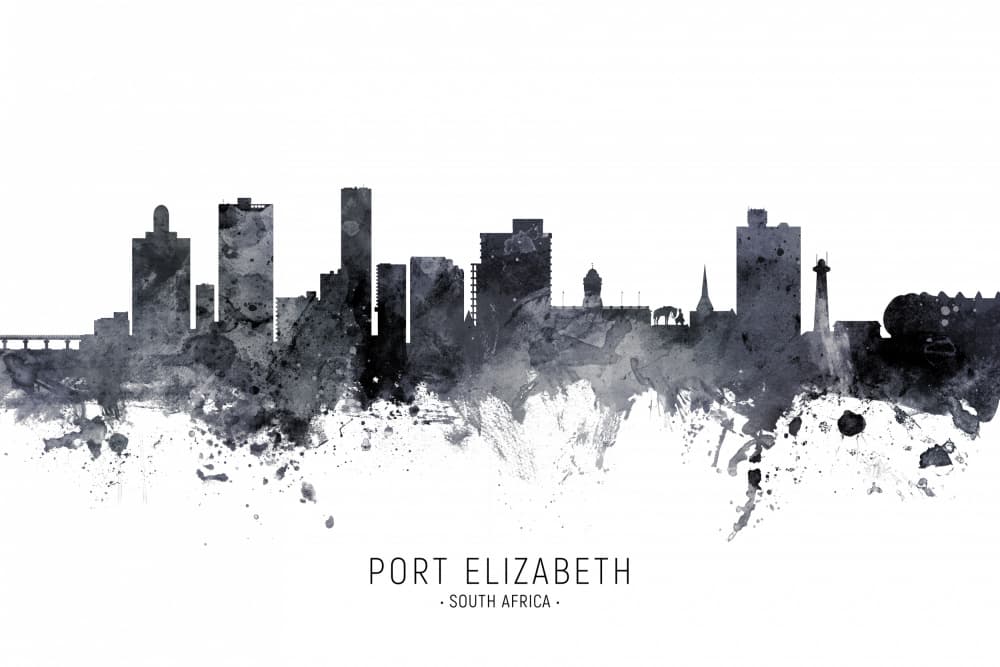 Port Elizabeth Skyline Watercolor by Michael Tompsett — canvas wall art