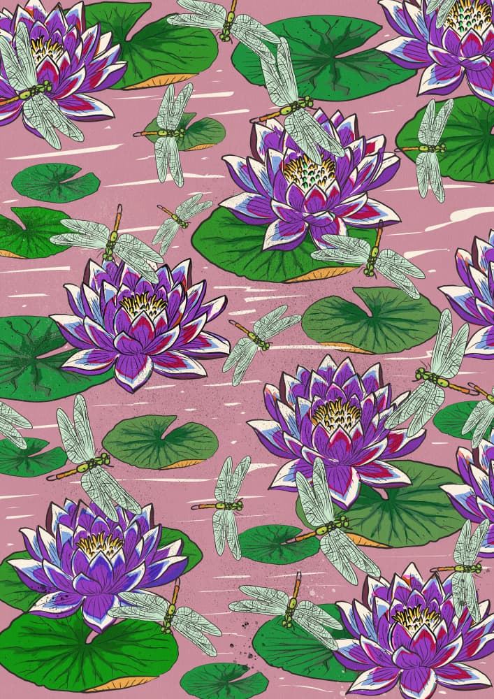 Dragonflies Over Water Lilies by Nicholas — canvas wall art