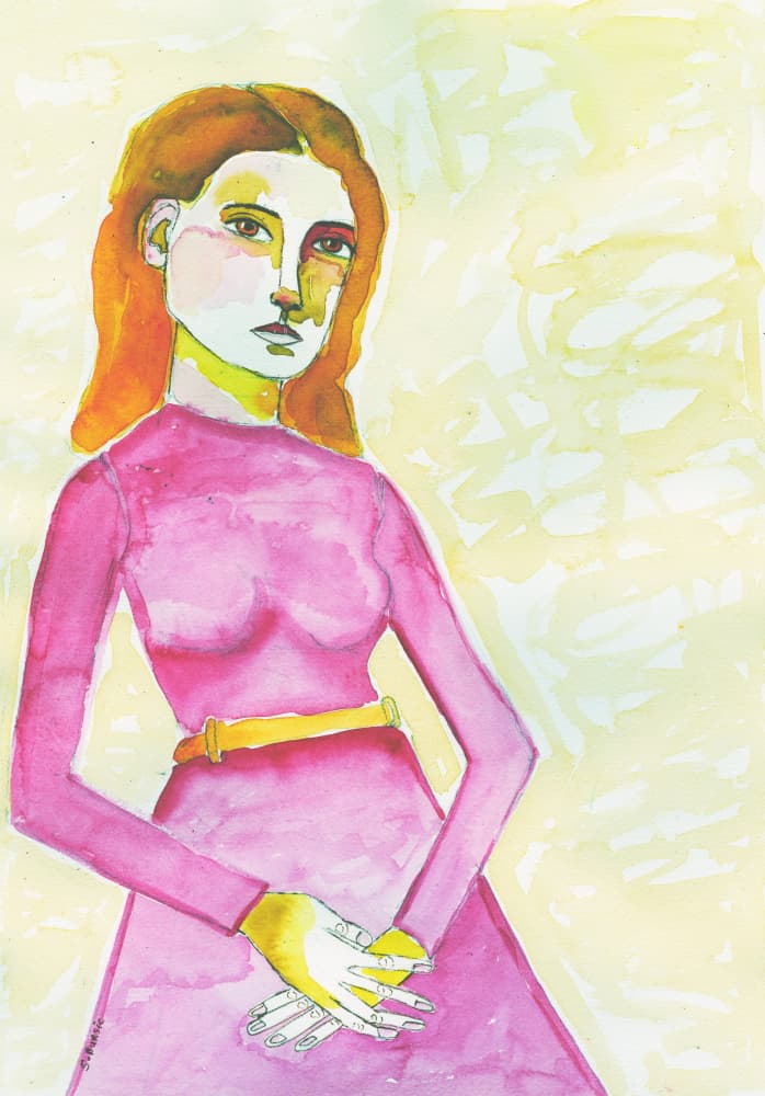 Thoughtful Woman in Pink by Sharyn Bursic — canvas wall art
