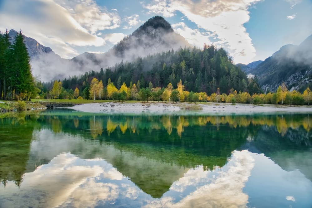 Misty Mountain Lake Reflection by Boštjan Hribar — canvas wall art