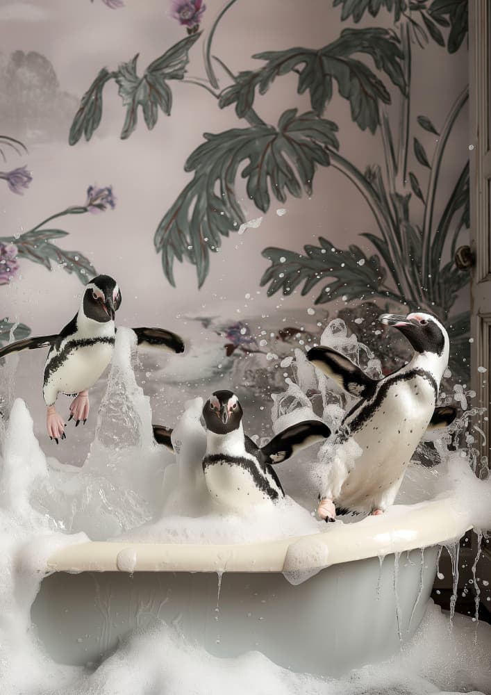 Playful Penguin Bubble Bath by Niky Rahner — canvas wall art