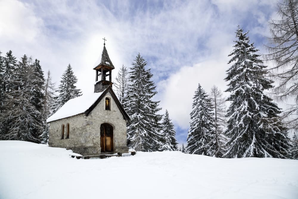 Snowy Winter Chapel by Melanie Viola — canvas wall art