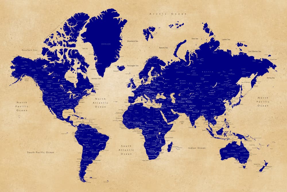 Vintage Blue World Map by Rosana Laiz Blursbyai — canvas wall art