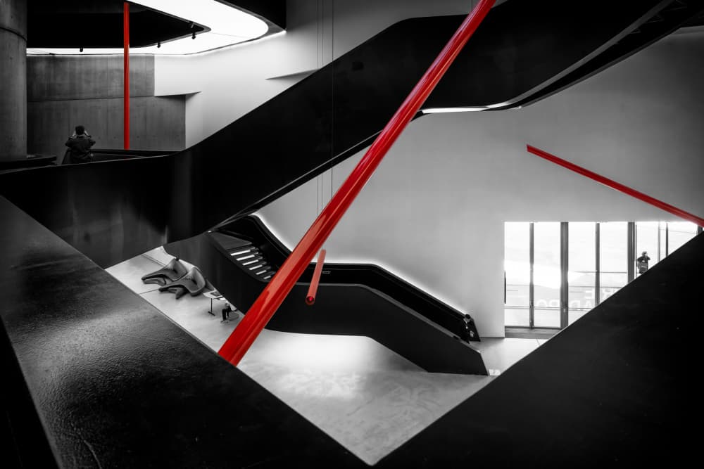 Red Lines Black Stairs by Angel Villalba — canvas wall art