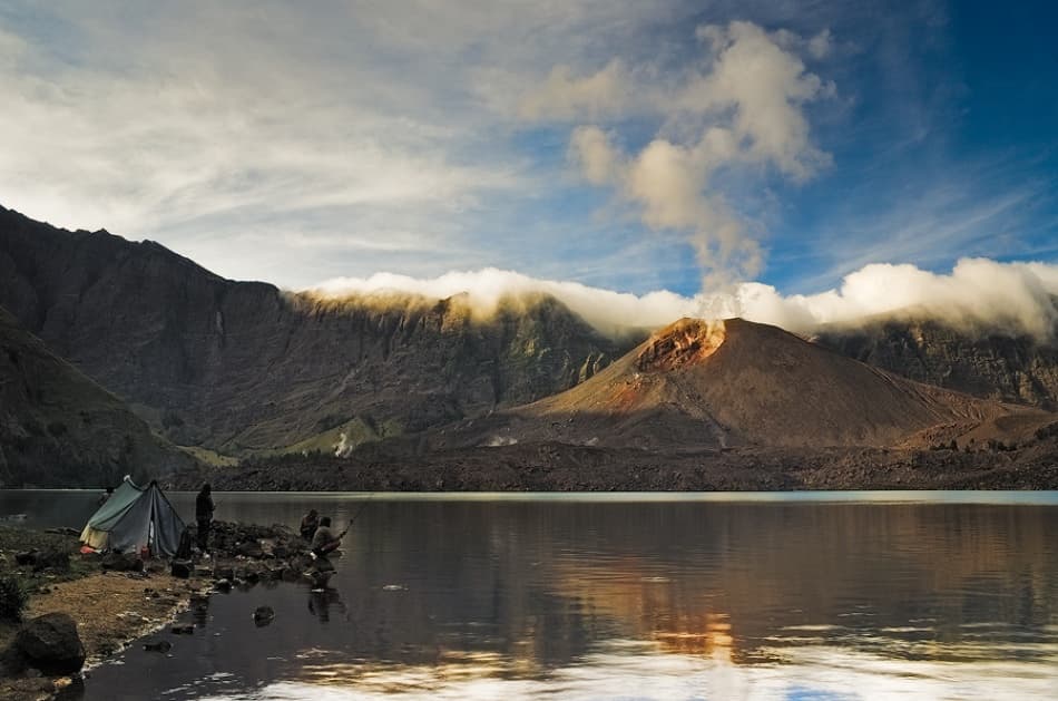 Smoking Volcano Lakeside Camp by Karsten Wrobel — canvas wall art