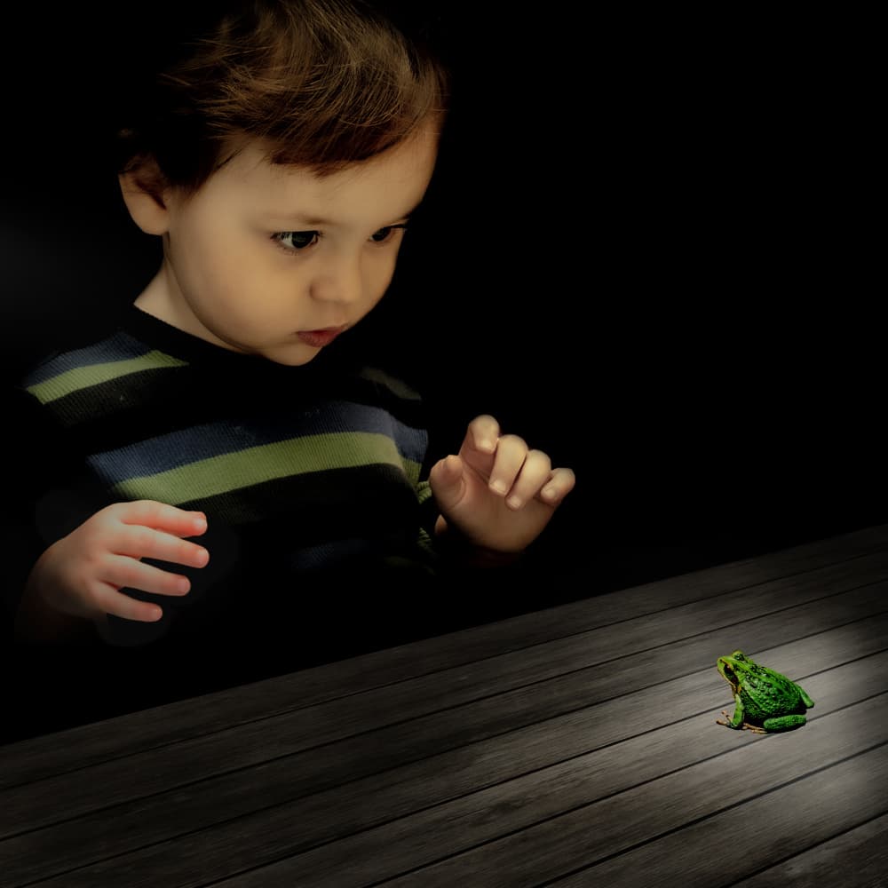 Curious Boy and Frog by Evgenii Novichikhin — canvas wall art