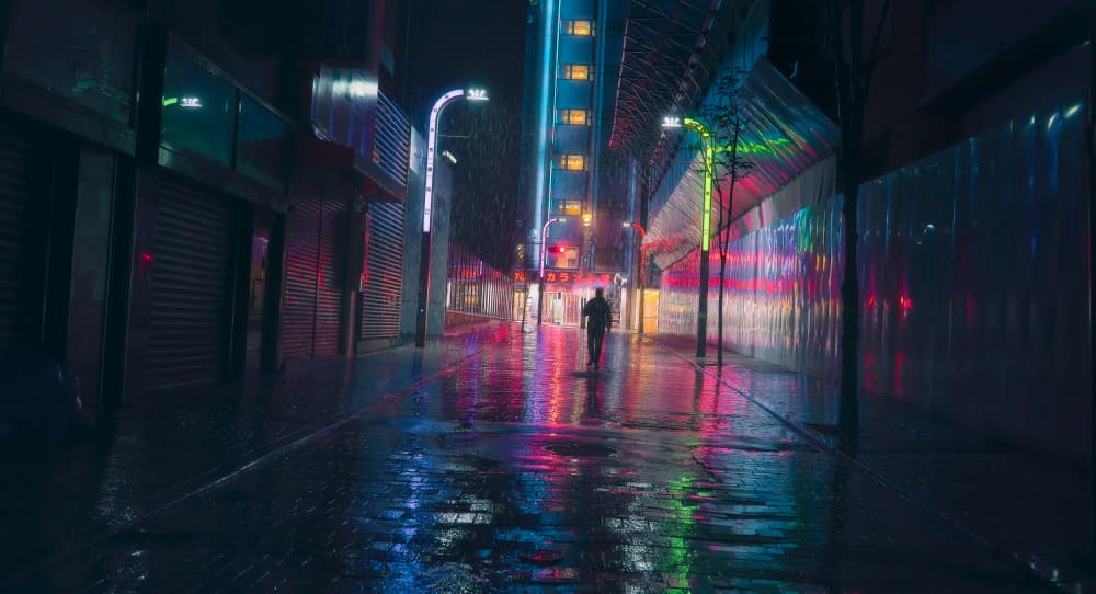 Neon City Rain by Javier de la Torre — canvas wall art