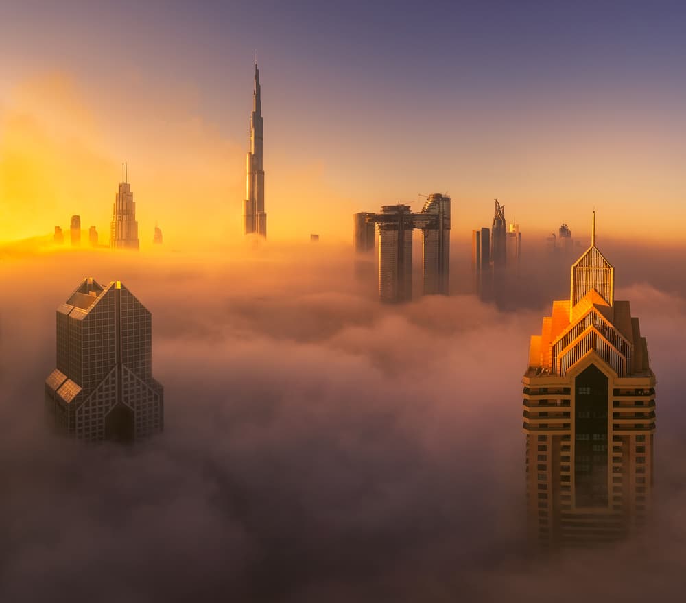 Golden City Fog by joanaduenas — canvas wall art
