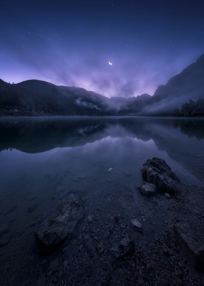 Crescent Moon Mountain Lake by Juan Pablo de Miguel — canvas wall art