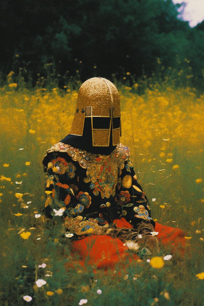 Golden Helmet in Flower Field by Max Sandström — canvas wall art