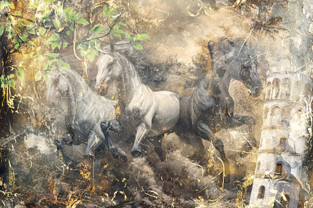 Mystical Horses Ancient Tower by Rafal Kulik — canvas wall art