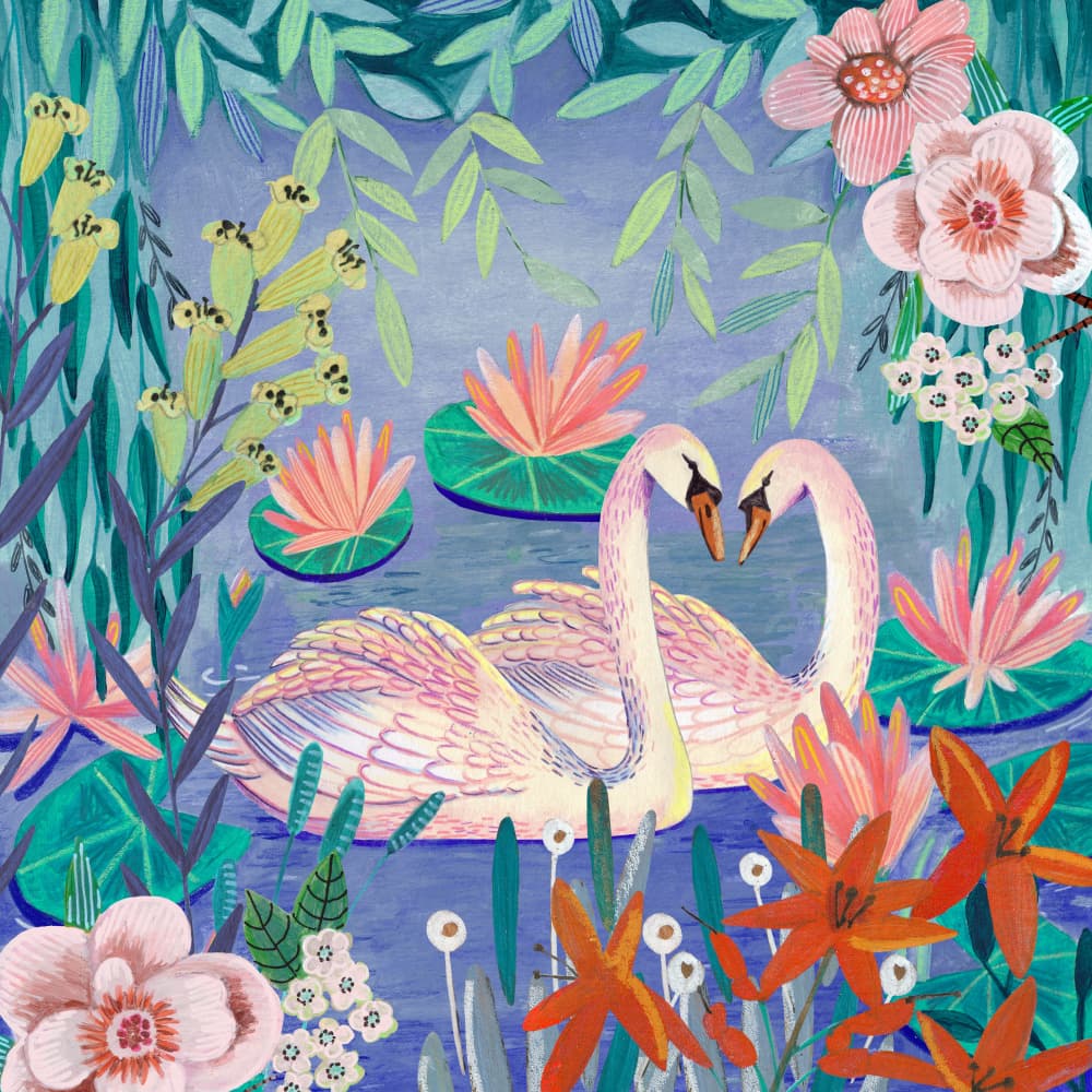 Swans swimming in the pound by Caroline Bonne Müller — canvas wall art