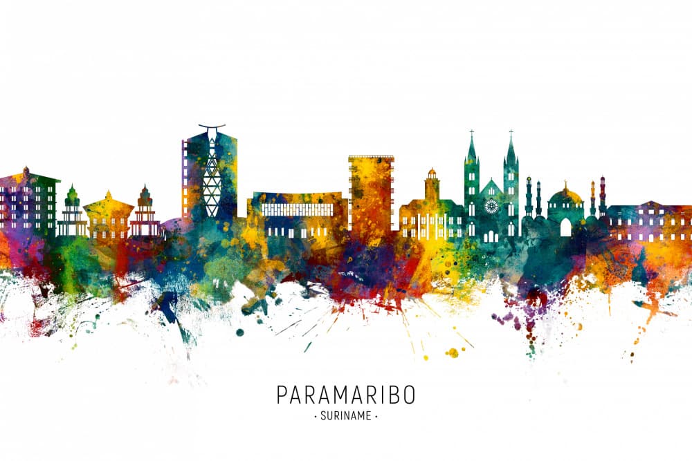 Paramaribo Watercolor Skyline by Michael Tompsett — canvas wall art