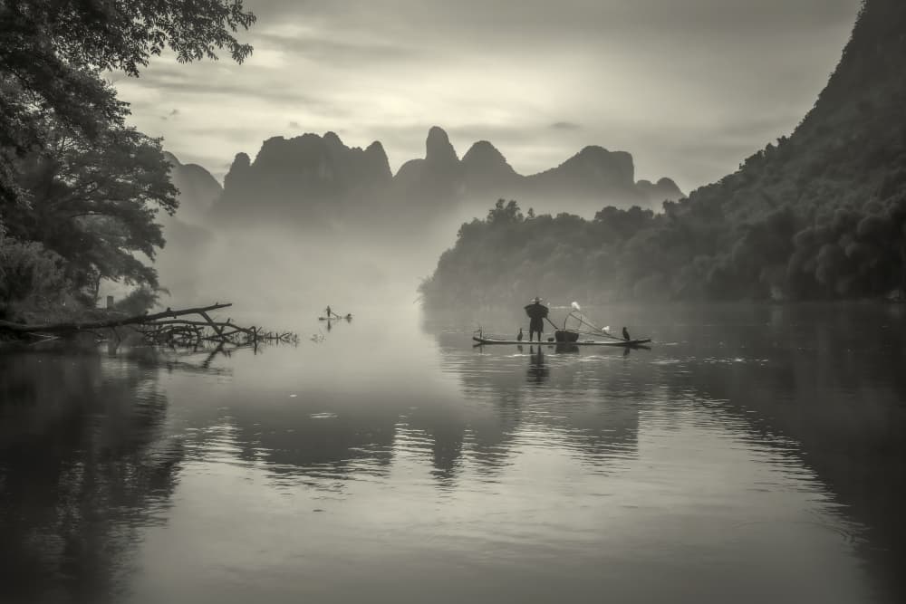 Misty River Fishing by Raymond Ren Rong Liu — canvas wall art