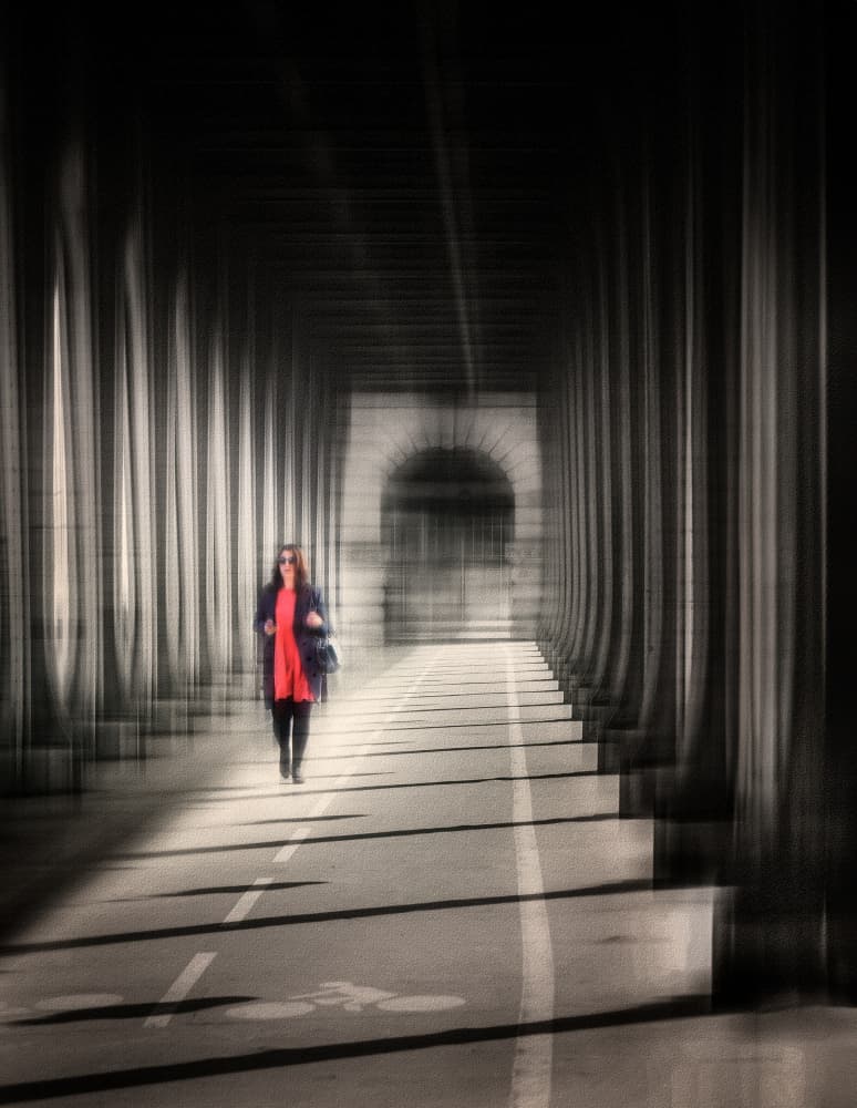 Red Coat Tunnel Passage by Annette Guo — canvas wall art