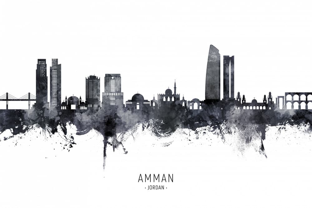 Amman Skyline Watercolor by Michael Tompsett — canvas wall art