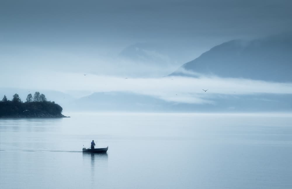 Lone Boat Misty Lake by Joan Zhang — canvas wall art