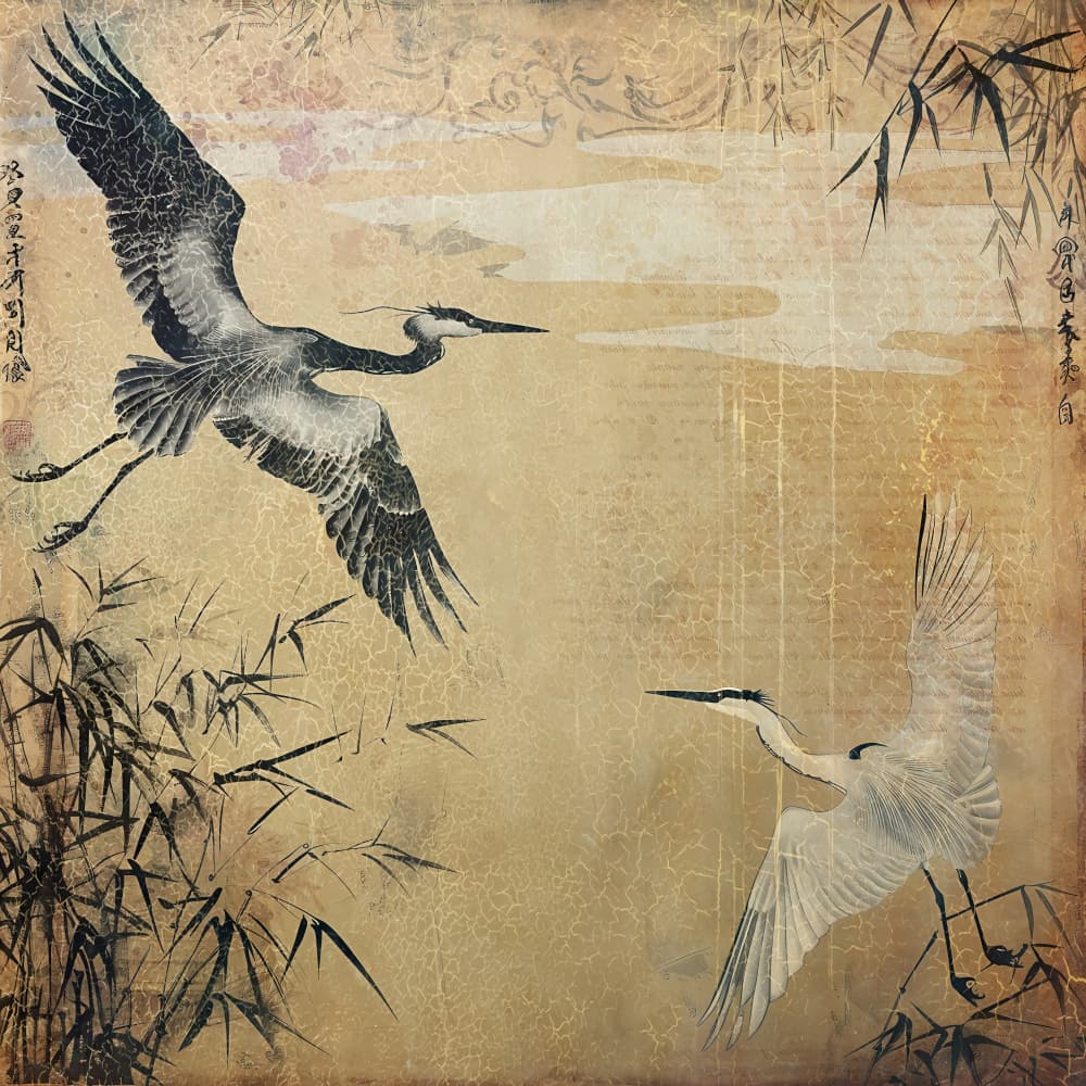Elegant Cranes Bamboo by Rafal Kulik — canvas wall art