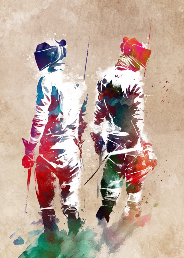 Vibrant Fencers Duel by Justyna Jaszke — canvas wall art