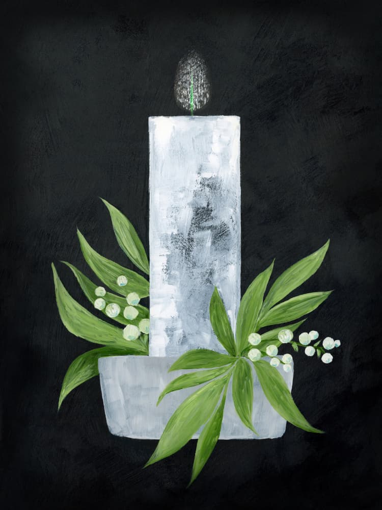 White Candle With Greenery by Rosana Laiz Blursbyai — canvas wall art