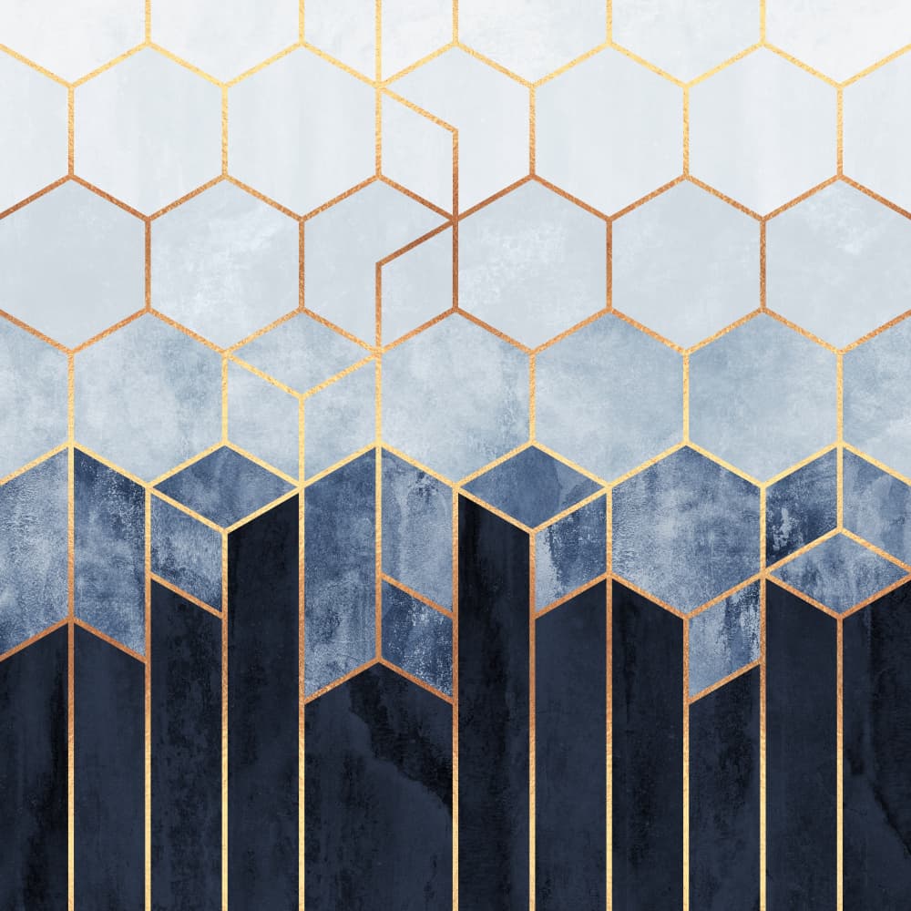 Golden Blue Hexagons by Elisabeth Fredriksson — canvas wall art