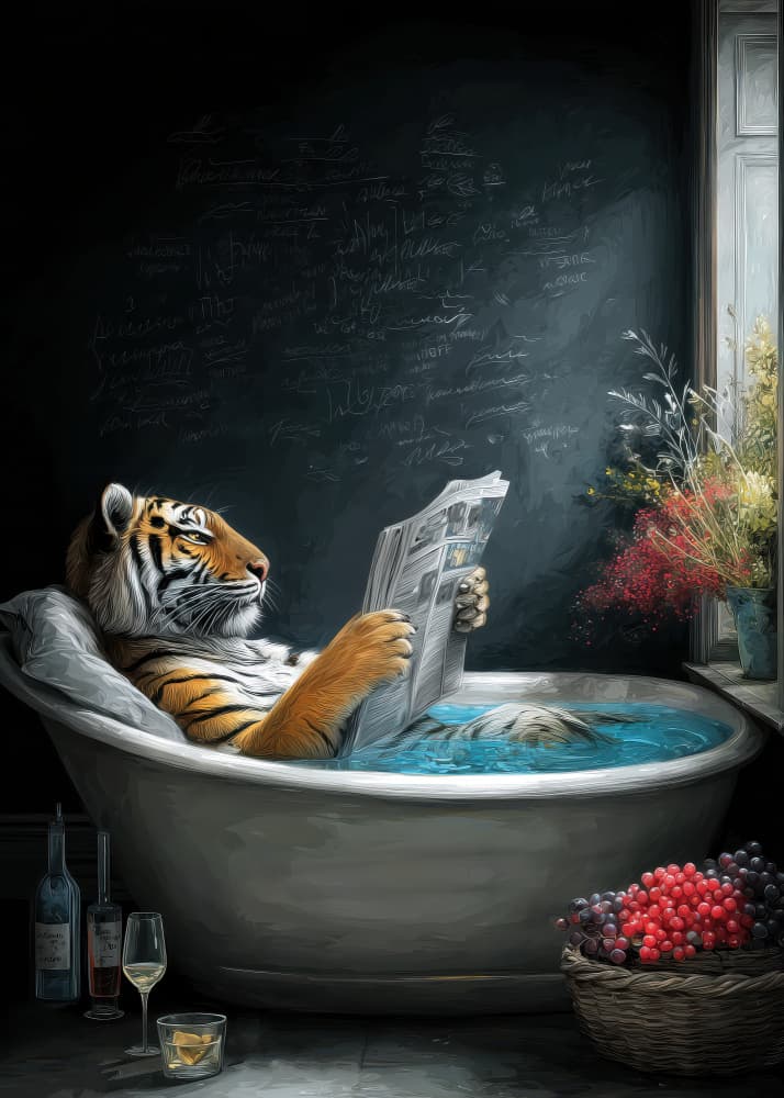 Tiger Reading in Bath by Justyna Jaszke — canvas wall art